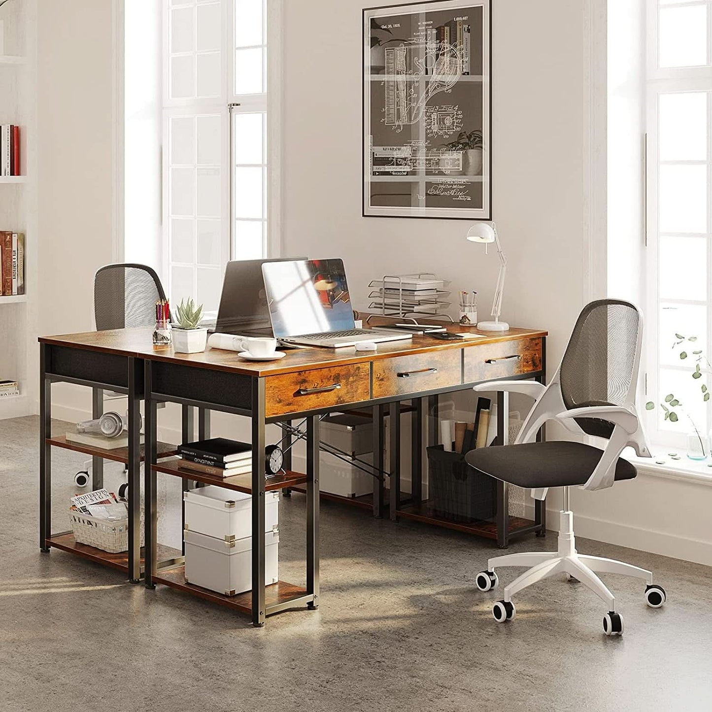 Vintage Writing Desk With Three Fabric Drawers For Office