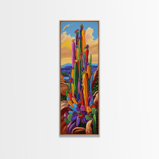 Colorful Cactus, Sunset, Painting — Canvas Print of bright desert cactus under sunset sky, great Boho Bathroom Art or Eclectic Kitchen Wall Decor
