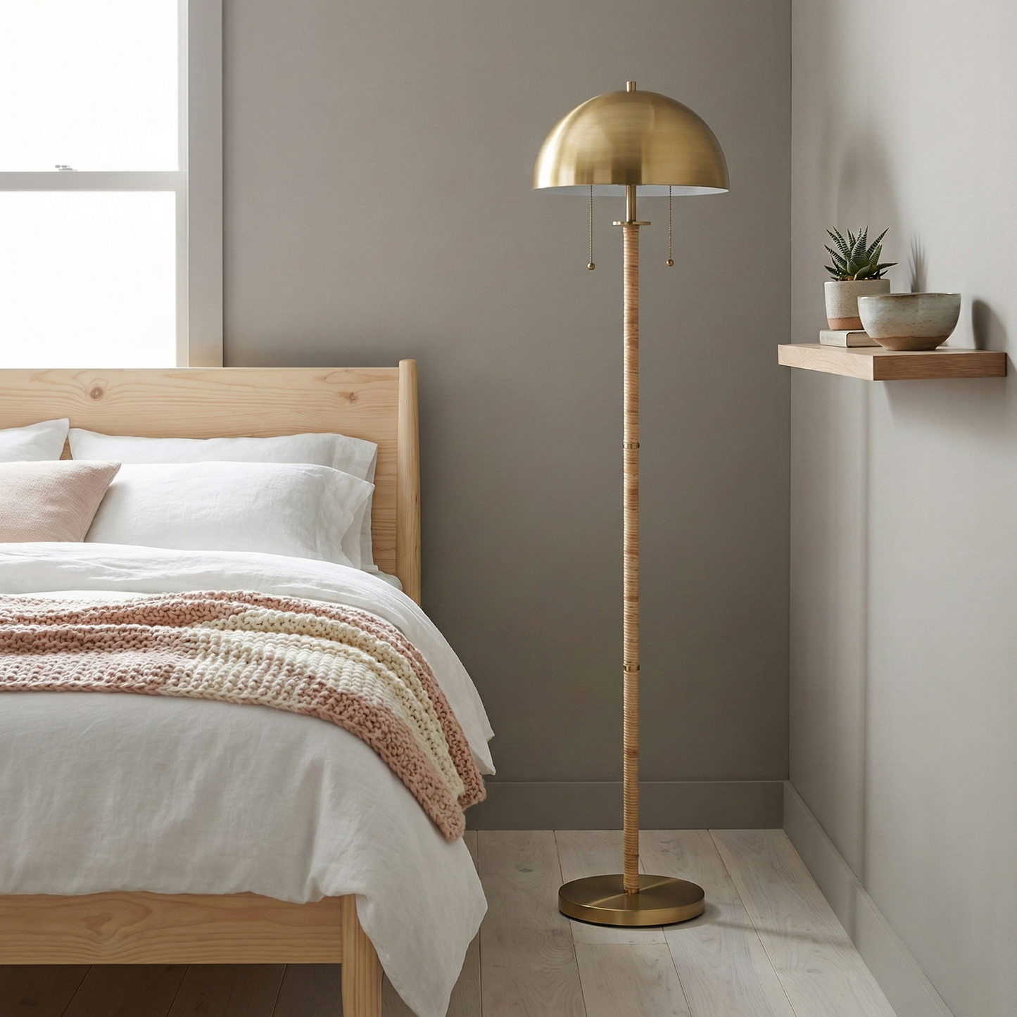 2-Light Floor Lamp – Gold Brass & Natural Rattan Tubes, Dual Pull Chain | Boho Living Room & Bedroom Lamp