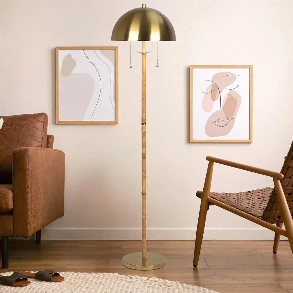 2-Light Floor Lamp – Gold Brass & Natural Rattan Tubes, Dual Pull Chain | Boho Living Room & Bedroom Lamp