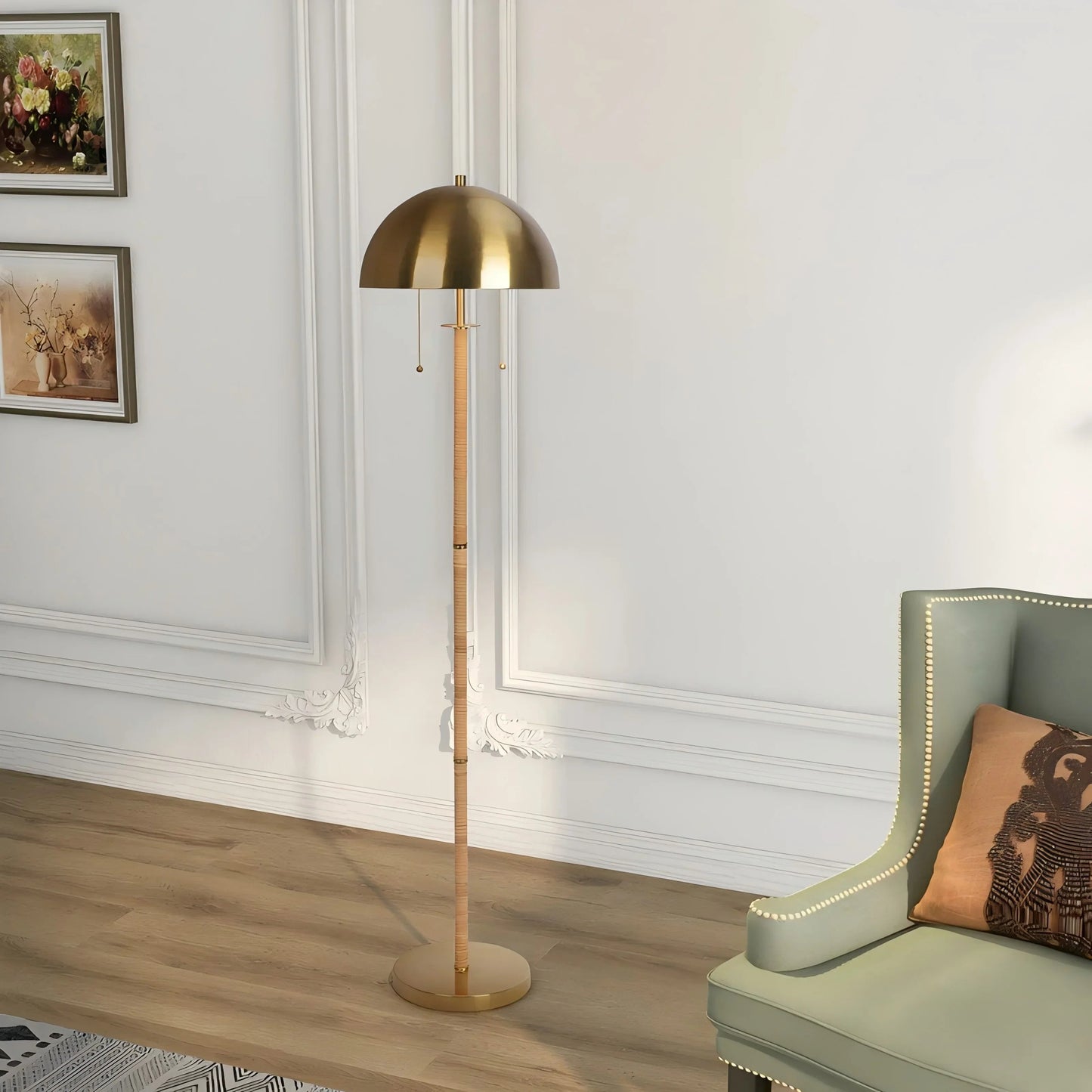 2-Light Floor Lamp – Gold Brass & Natural Rattan Tubes, Dual Pull Chain | Boho Living Room & Bedroom Lamp