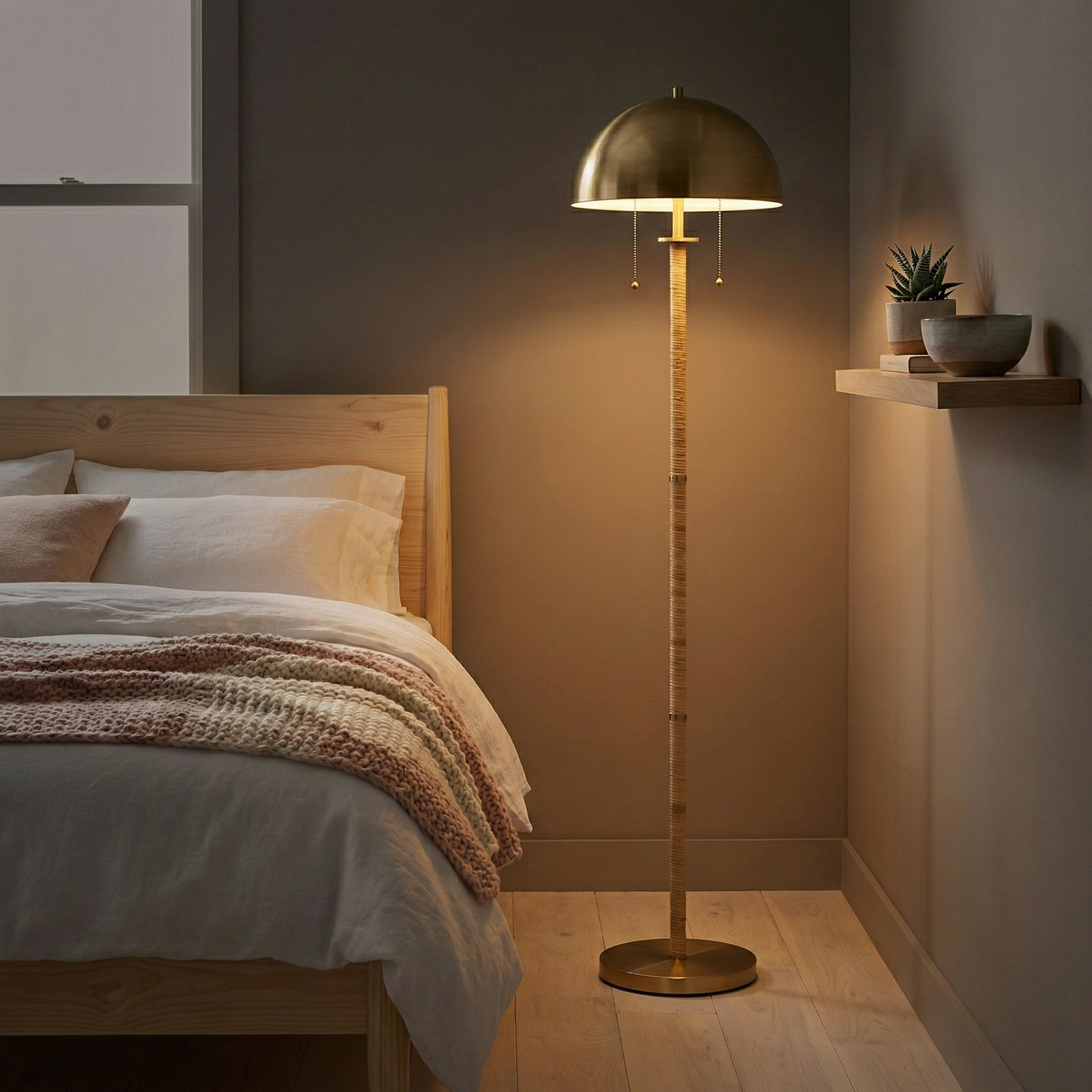 2-Light Floor Lamp – Gold Brass & Natural Rattan Tubes, Dual Pull Chain | Boho Living Room & Bedroom Lamp