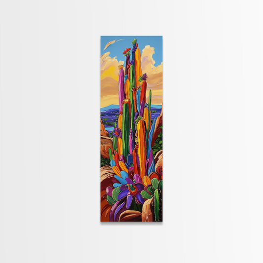 Colorful Cactus, Sunset, Painting — Canvas Print of bright desert cactus under sunset sky, great Boho Bathroom Art or Eclectic Kitchen Wall Decor