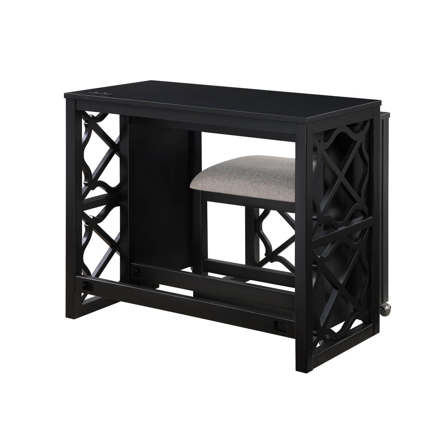 Desks and Stool Set 3pc Black Finish Rolling Desk with Casters, 2 Charging ports Home Office Furniture