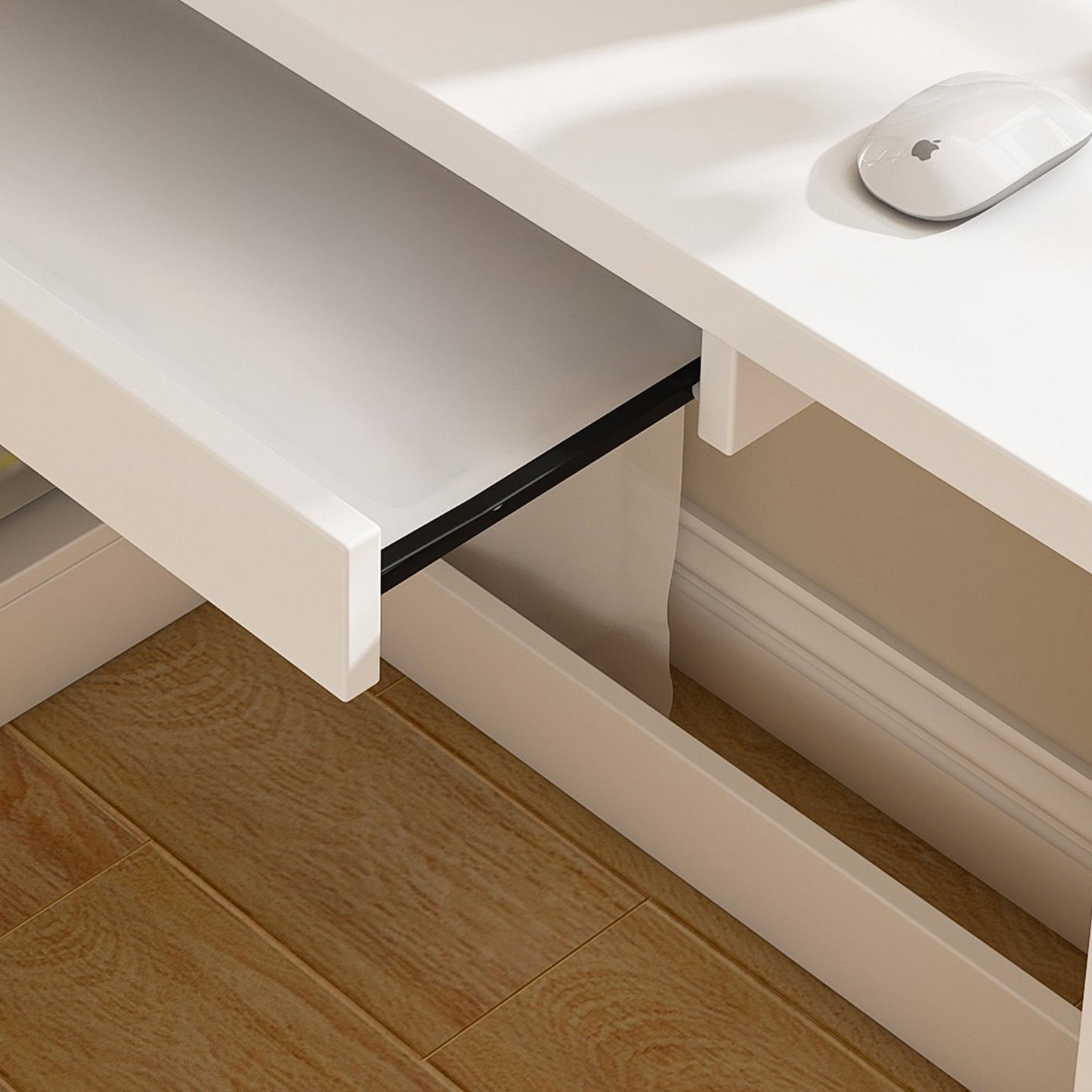 White L-Shaped Computer Desk with Glass Cabinets, Built-In LED Lights, USB Charging Ports, and Keyboard Tray - Ergonomic Office Furniture for Home and Corporate Workspaces