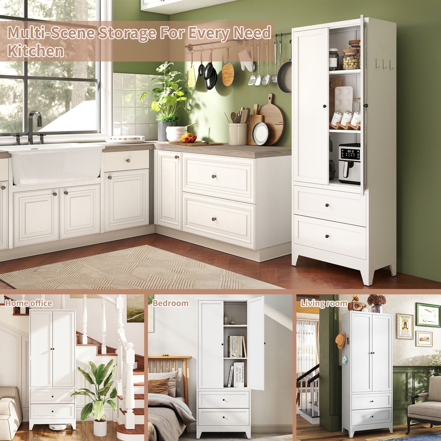 Pantry Cabinet With 2 Drawers, Freestanding Kitchen Storage Cabinet With Adjustable Shelves, Heavy-Duty Organizer For Spices, Dishware, Small Appliances - White