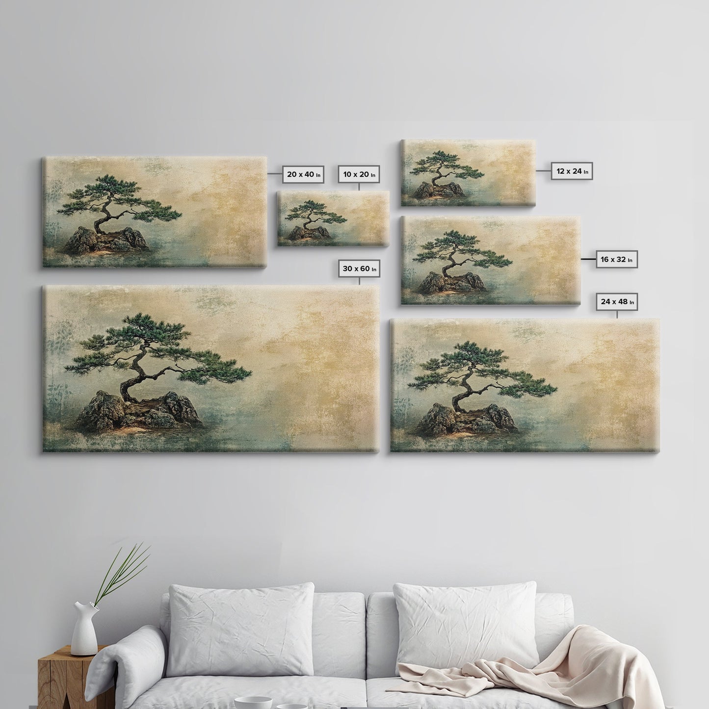 Japanese Pine Tree Art Framed Canvas Print Wabi Sabi Art Minimalist Artwork Rustic Decor Zen Wall Art Living Room Above Sofa Art