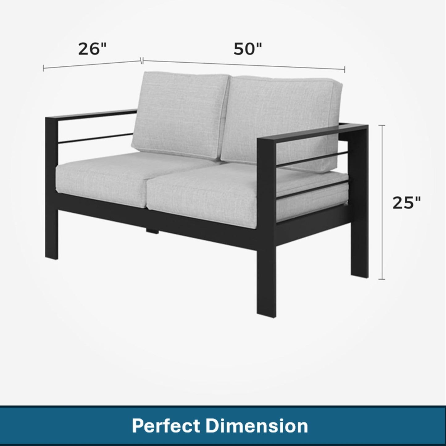 Outdoor Loveseat Aluminum Black Gray Cushion 50in 600 lb Capacity