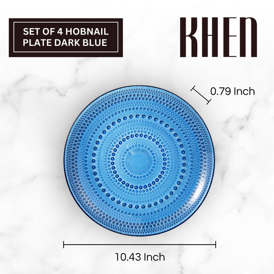 Glass Hobnail Dinner or Charger Plates | Set of 4 | Dark Blue
