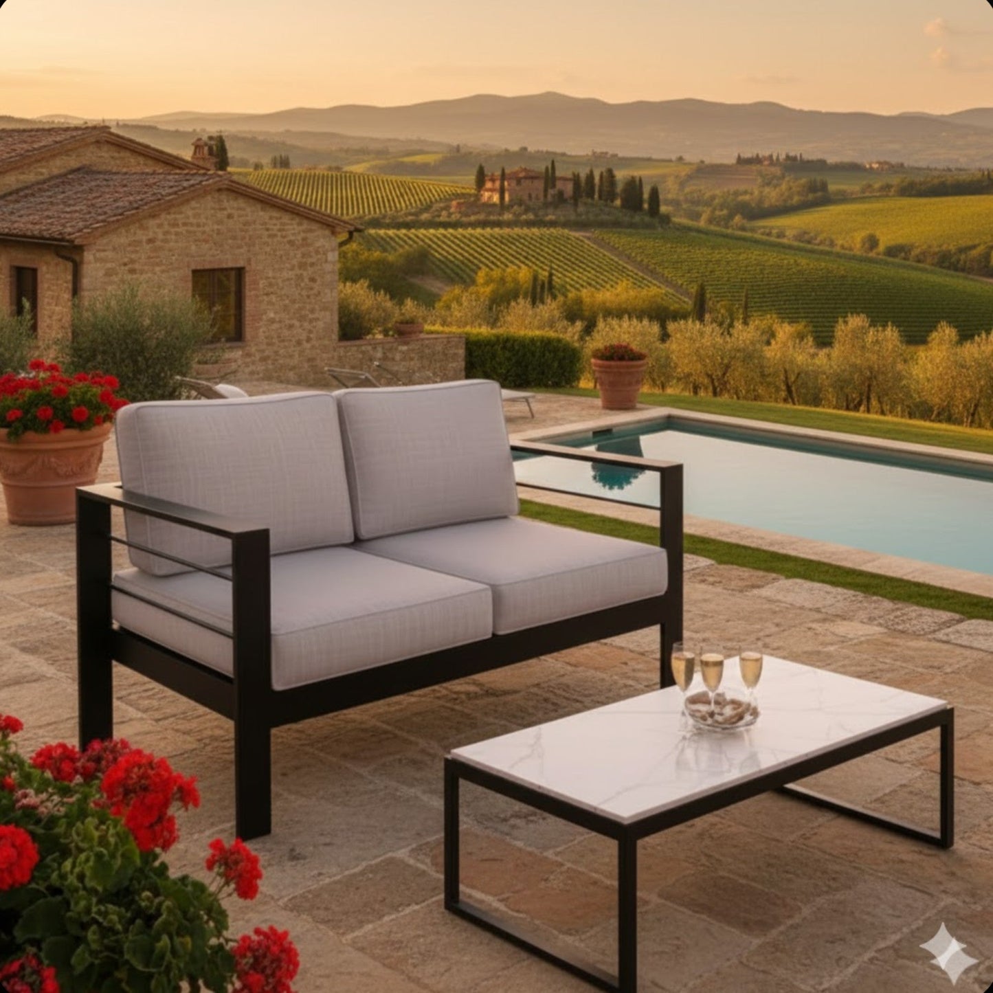 Outdoor Loveseat Aluminum Black Gray Cushion 50in 600 lb Capacity