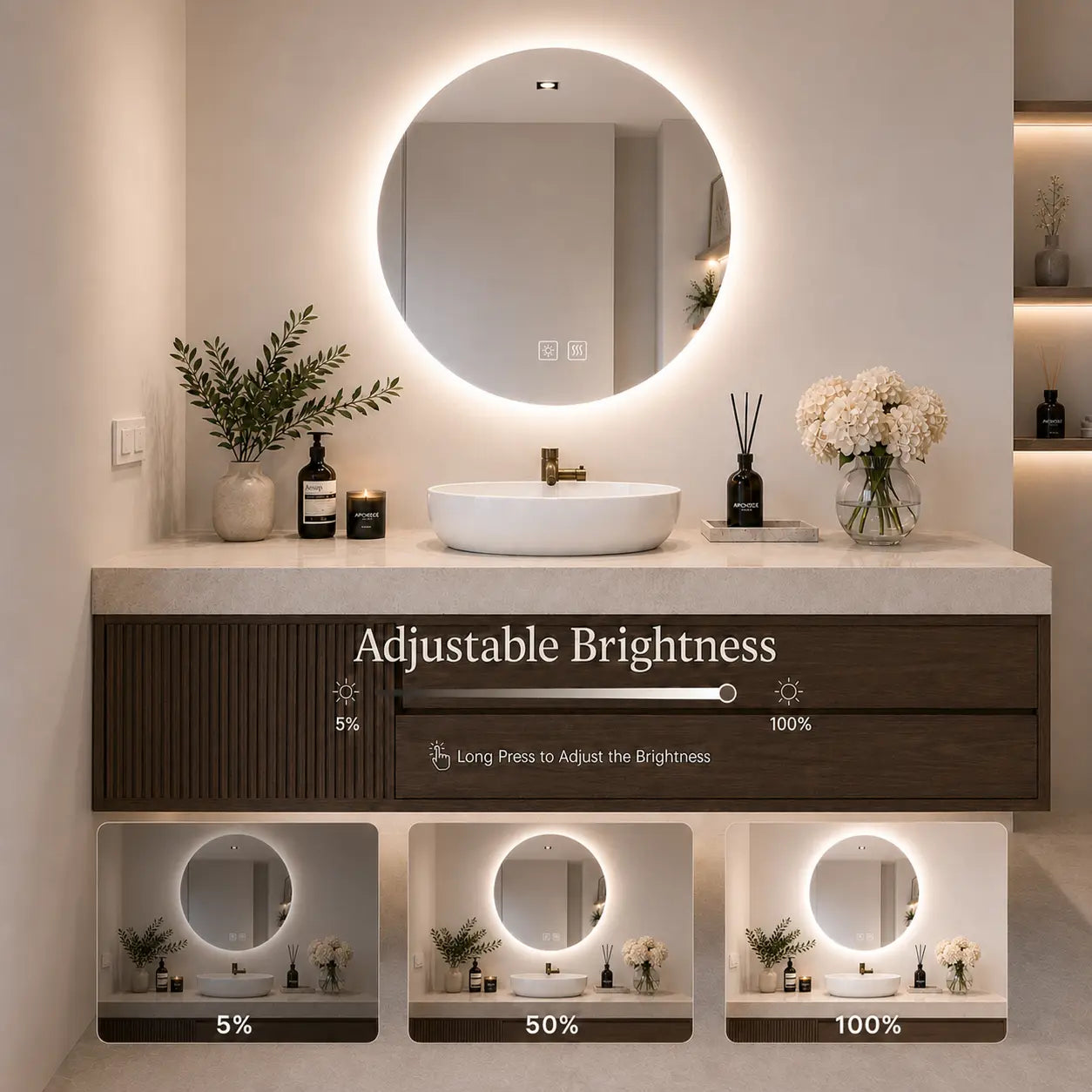 Round Backlit LED BATHROOMS Vanity  Mirrors With Dimmable Lights