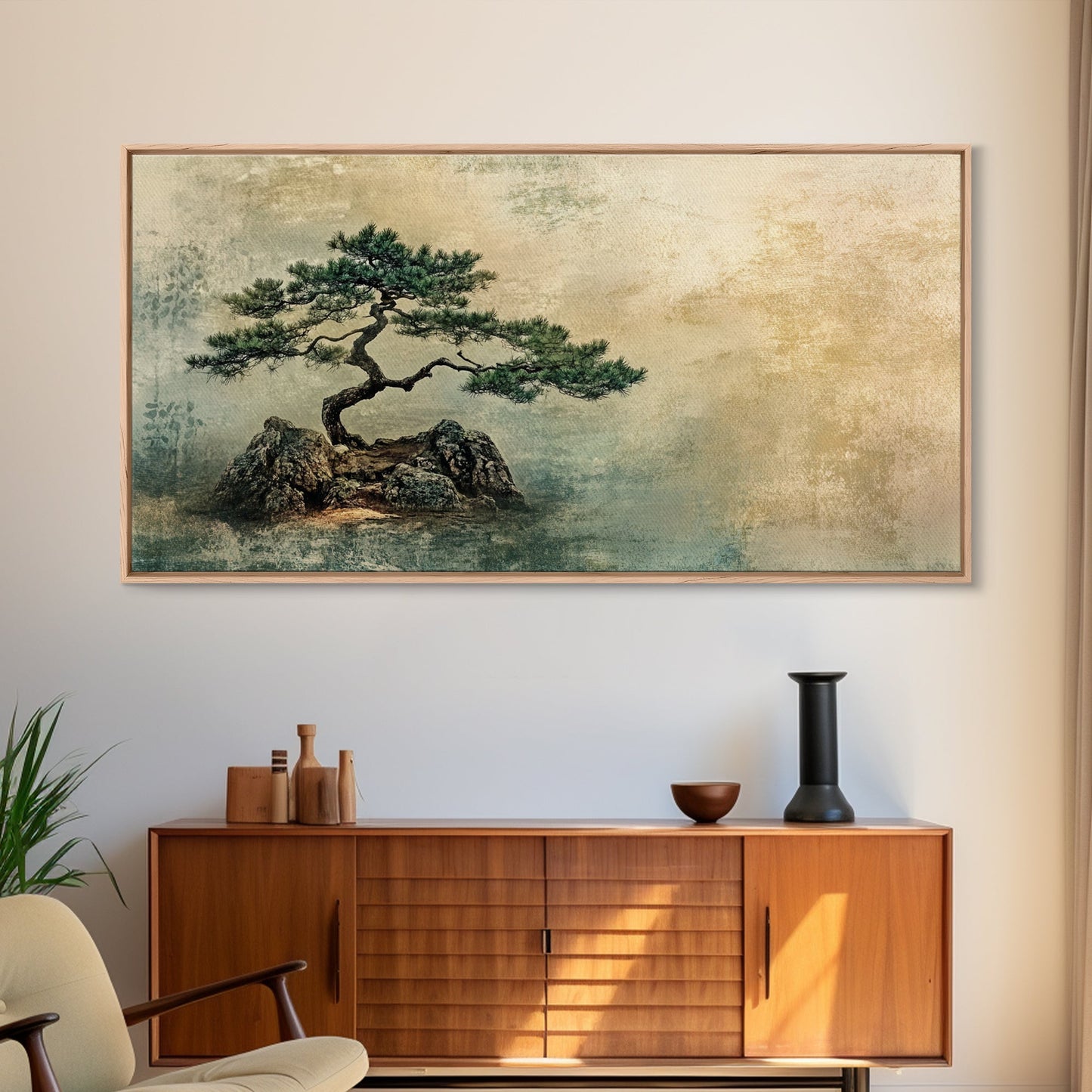 Japanese Pine Tree Art Framed Canvas Print Wabi Sabi Art Minimalist Artwork Rustic Decor Zen Wall Art Living Room Above Sofa Art
