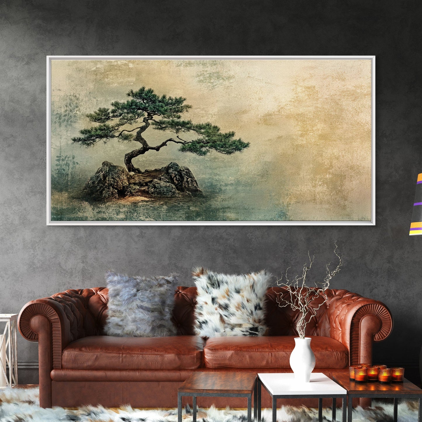Japanese Pine Tree Art Framed Canvas Print Wabi Sabi Art Minimalist Artwork Rustic Decor Zen Wall Art Living Room Above Sofa Art
