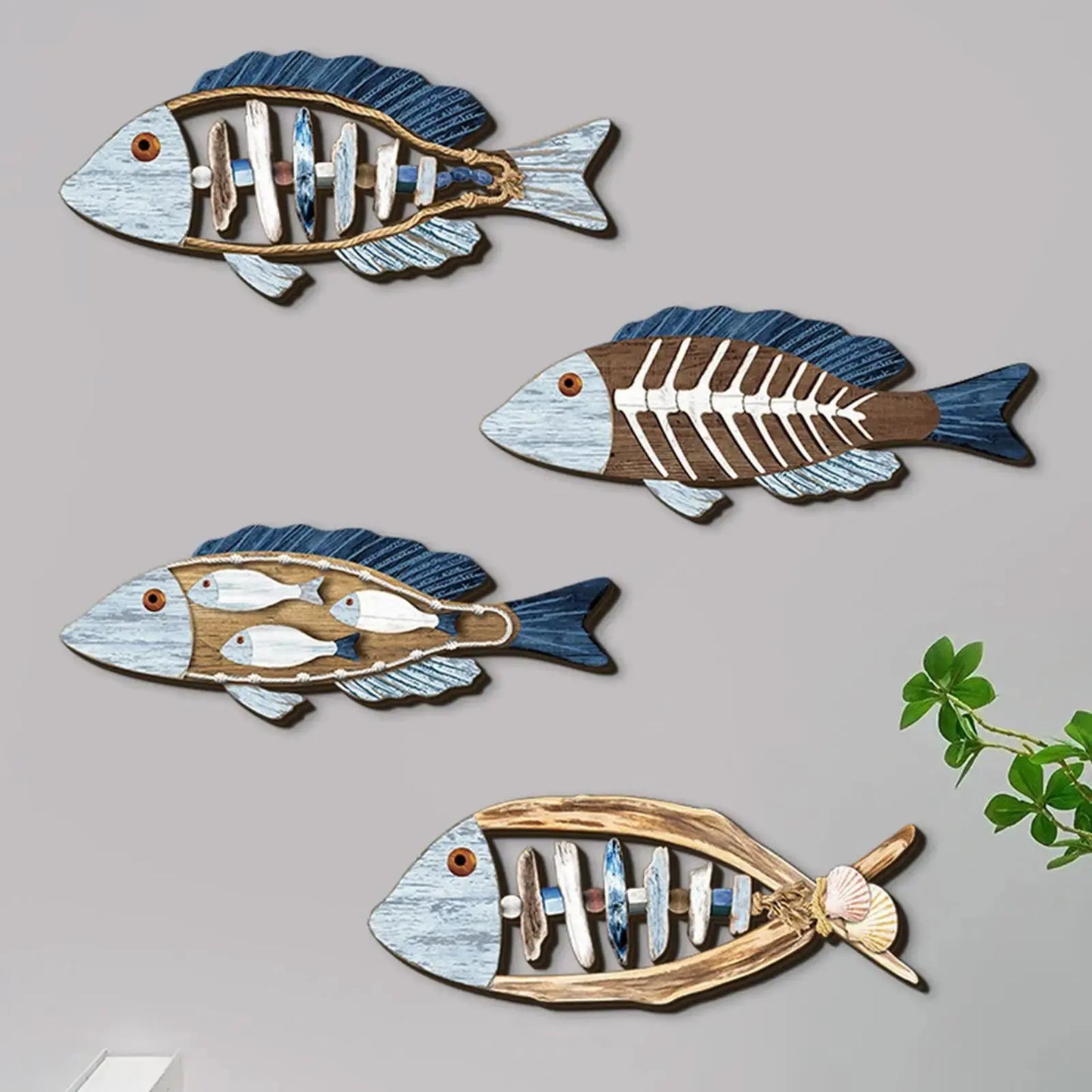 4 Pieces Fish Nautical Wall Decor Ornaments for Bathroom Indoor Lake House Wooden Fish Wall Decor Bathroom Bedroom Gifts 11”