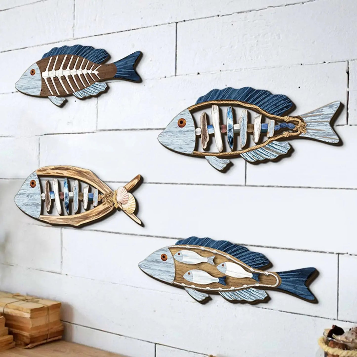 4 Pieces Fish Nautical Wall Decor Ornaments for Bathroom Indoor Lake House Wooden Fish Wall Decor Bathroom Bedroom Gifts 11”