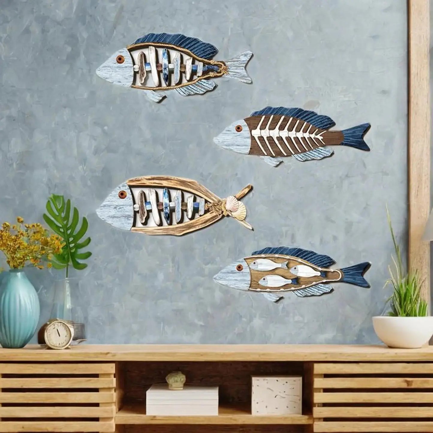 4 Pieces Fish Nautical Wall Decor Ornaments for Bathroom Indoor Lake House Wooden Fish Wall Decor Bathroom Bedroom Gifts 11”