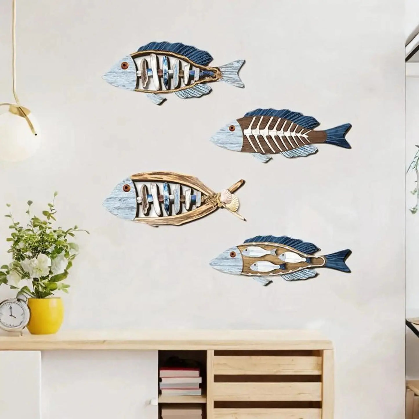 4 Pieces Fish Nautical Wall Decor Ornaments for Bathroom Indoor Lake House Wooden Fish Wall Decor Bathroom Bedroom Gifts 11”