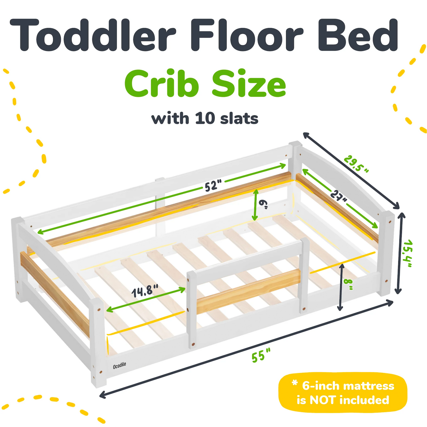 Crib Size Wooden Floor Bed with Safety Rails for Kids Age 1–3